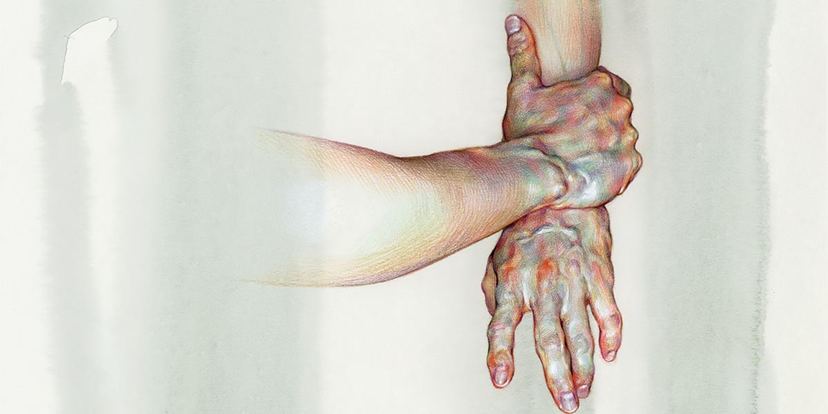Illustration of one hand gripping another wrist firmly against a neutral background.