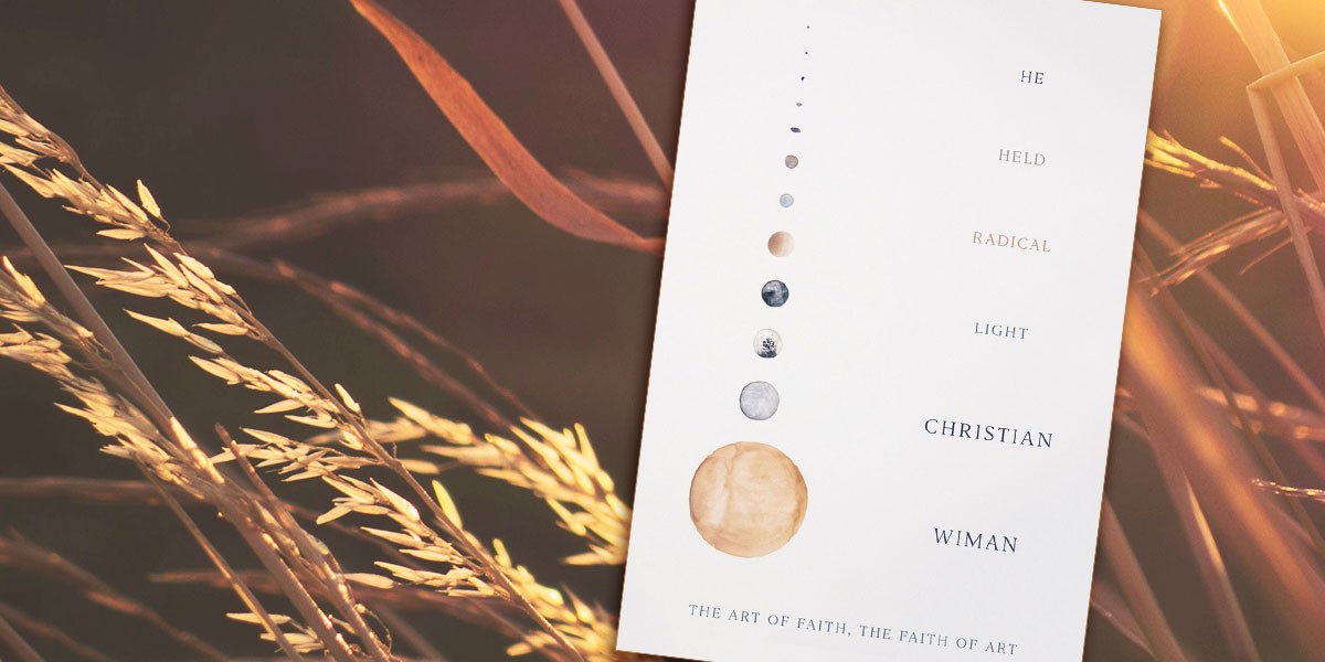 A book titled 'He Held Radical Light Christian Woman' resting among illuminated wheat stalks at sunset.