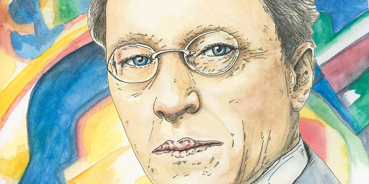 Watercolor portrait of a man wearing glasses with blue eyes against a colorful abstract background.