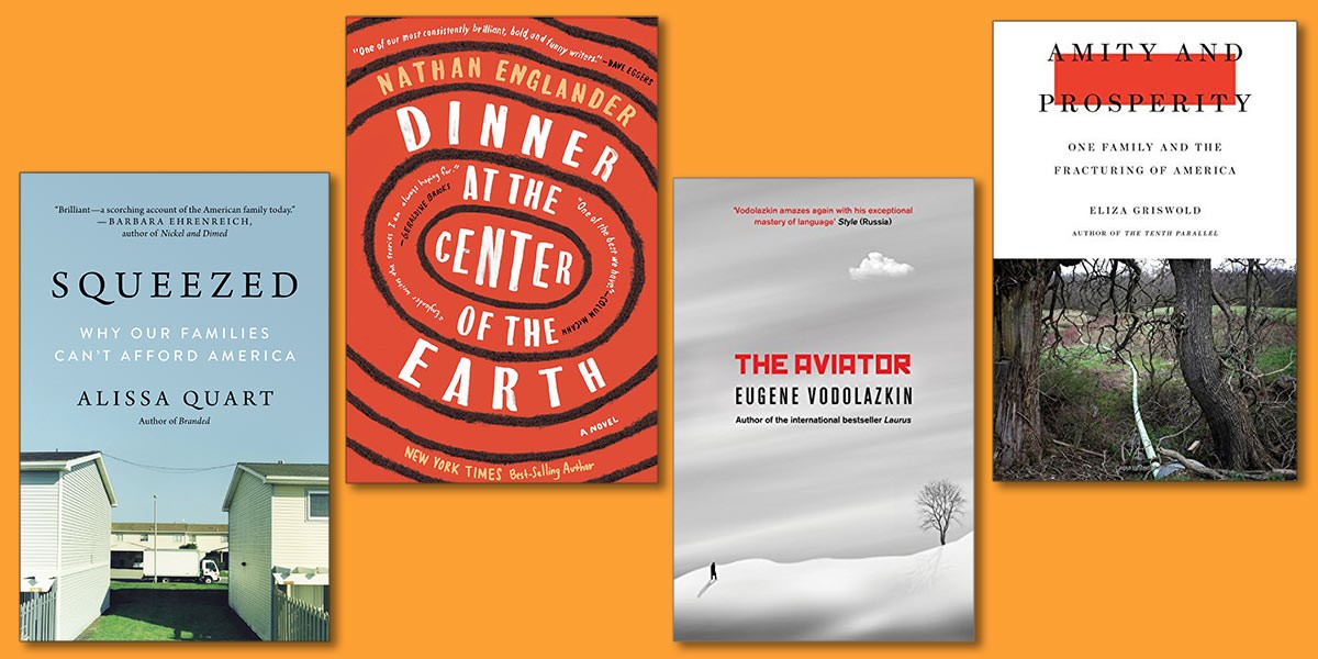 Four book covers titled: Squeezed, Dinner at the Center of the Earth, The Aviator, and Amity and Prosperity.