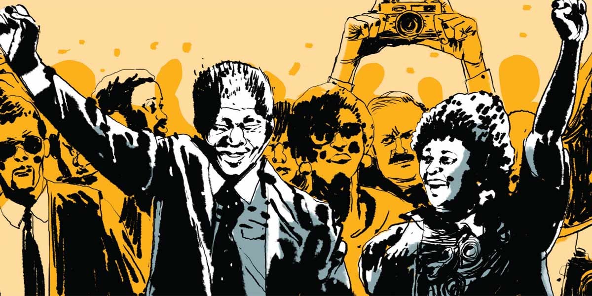 Illustration of diverse people smiling and raising fists, one holding a camera above the crowd.
