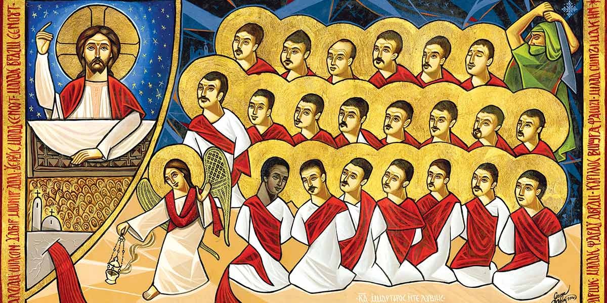 Religious icon showing Jesus, an angel with incense, 22 apostles in white robes with red sashes, and a soldier with a sword.