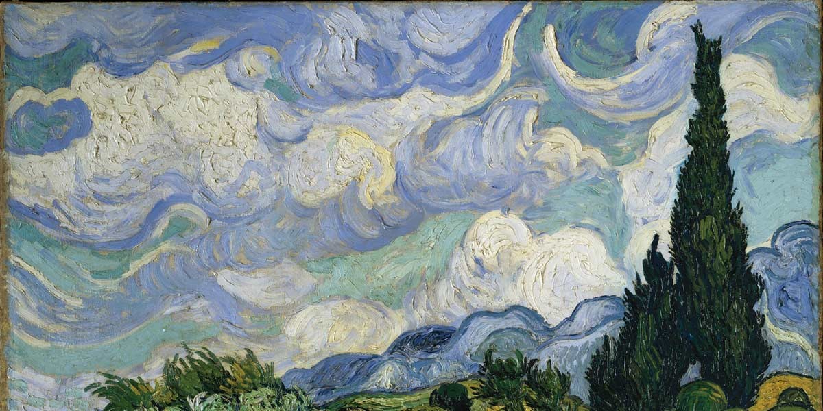 Vincent van Gogh style painting of swirling blue sky, clouds, green hills, and tall cypress trees.