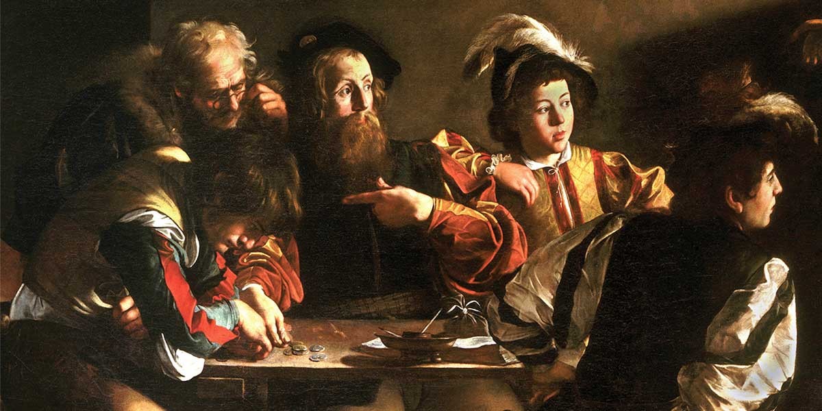 Five men in colorful Renaissance clothing gathered around a table counting coins in low light.