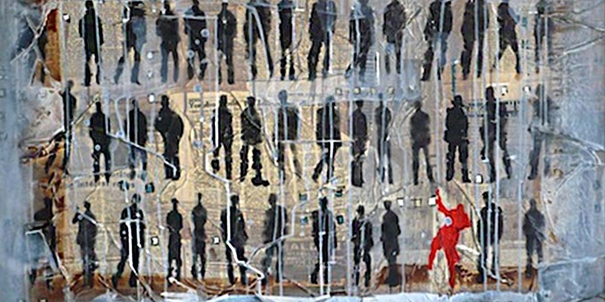 Grid of black silhouetted figures on a textured background with one red figure raising an arm.
