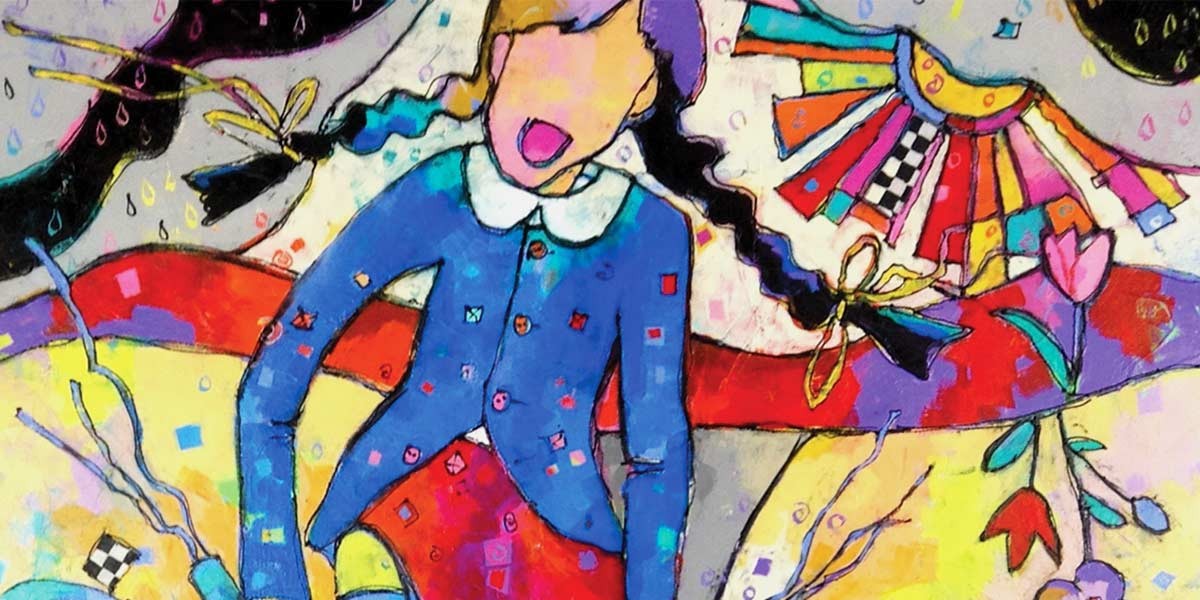 Colorful abstract painting of a girl with braided hair, a blue jacket, and bright geometric shapes.