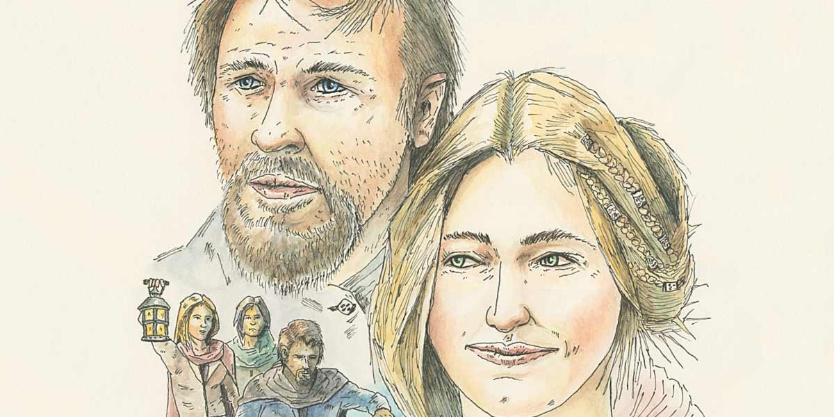 Watercolor illustration of two adults and three smaller figures, with detailed facial features and medieval clothing.