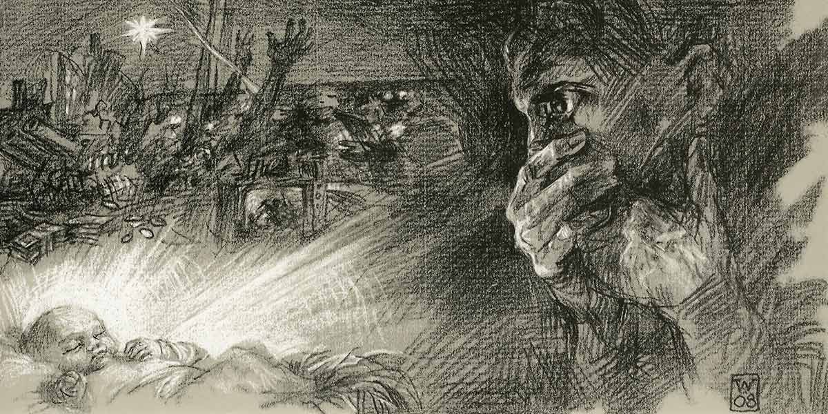 Black-and-white sketch of a glowing baby lying down with a person covering their mouth in awe nearby.