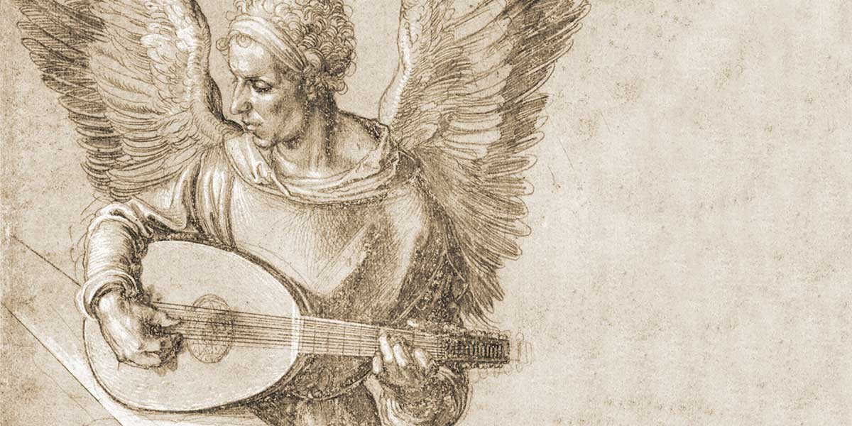 Sepia-toned sketch of an angel with wings playing a lute, looking down at the instrument.