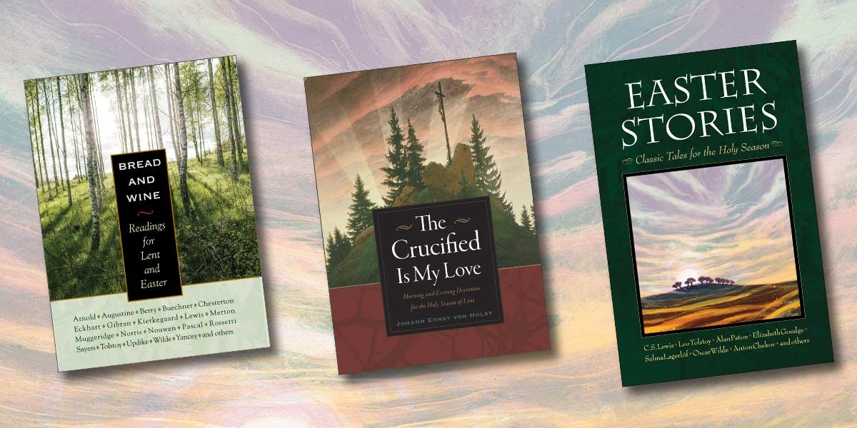 Three book covers: 'Bread and Wine' with forest, 'The Crucified Is My Love' with cross, 'Easter Stories' with landscape.