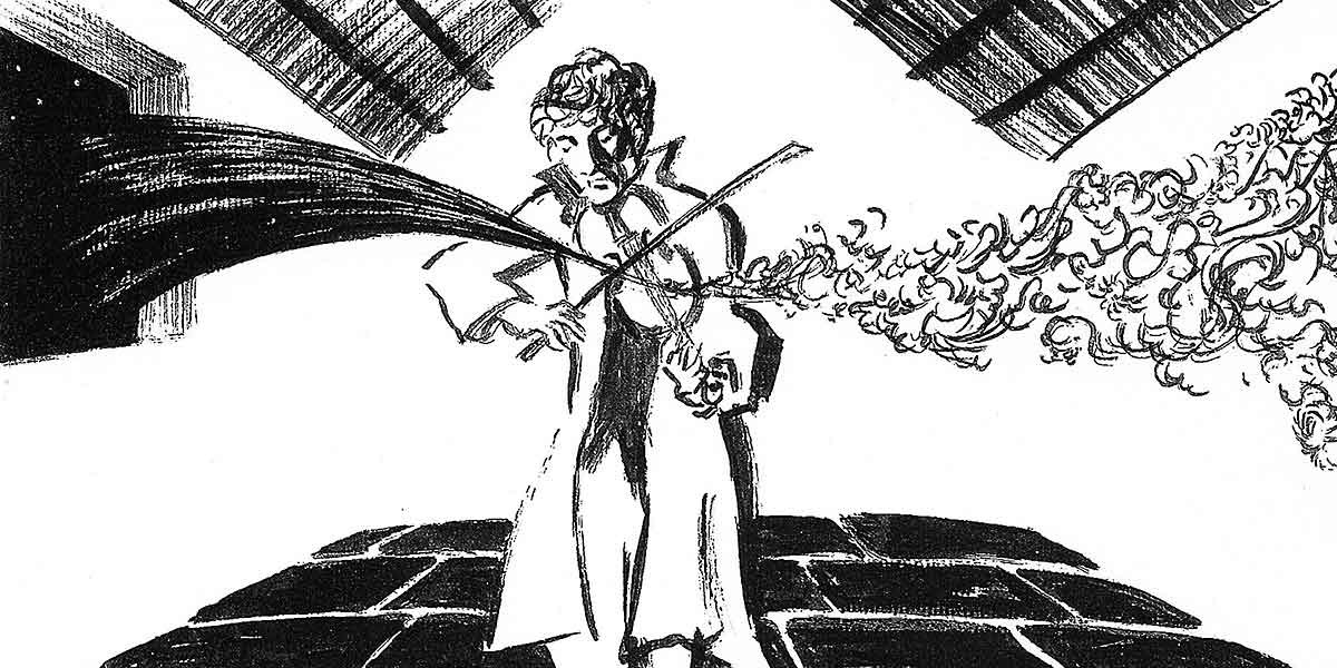 Sketch of a person playing violin with swirls and waves emitting from the instrument's bow and strings.