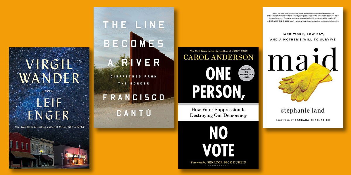 Four book covers: Virgil Wander, The Line Becomes a River, One Person No Vote, and Maid with yellow gloves.