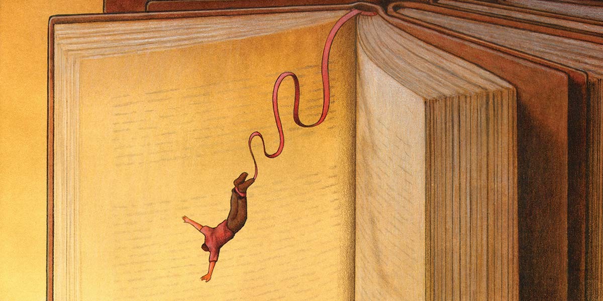 Illustration of a person bungee jumping inside an open book using a red ribbon as the cord.