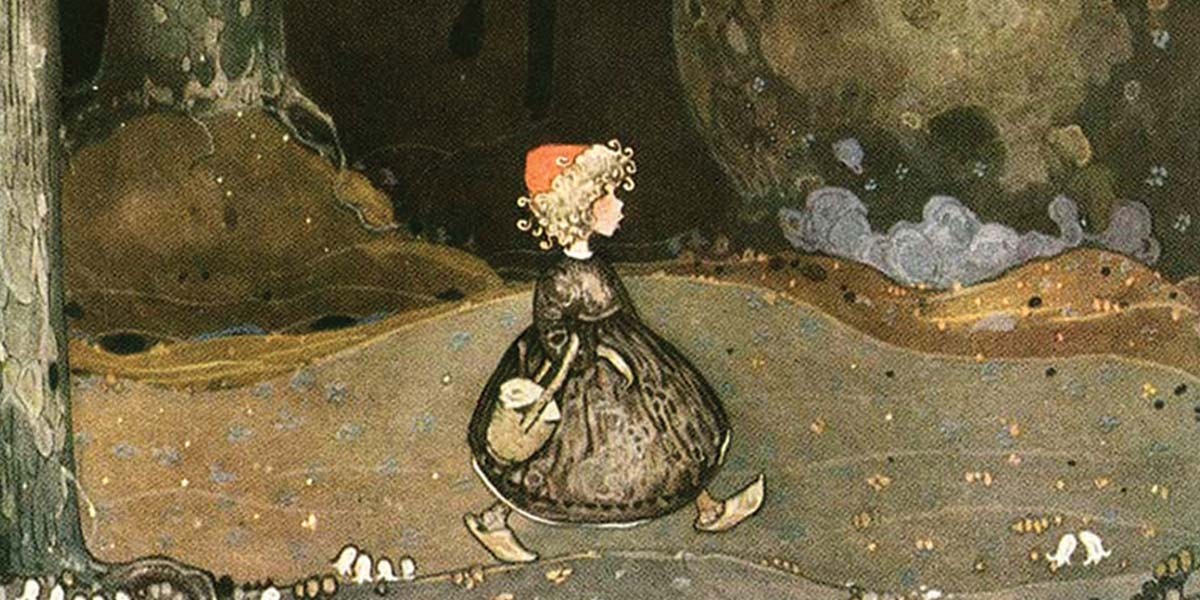 Illustration of a girl with curly hair and red hat walking in a dark forest with a basket.