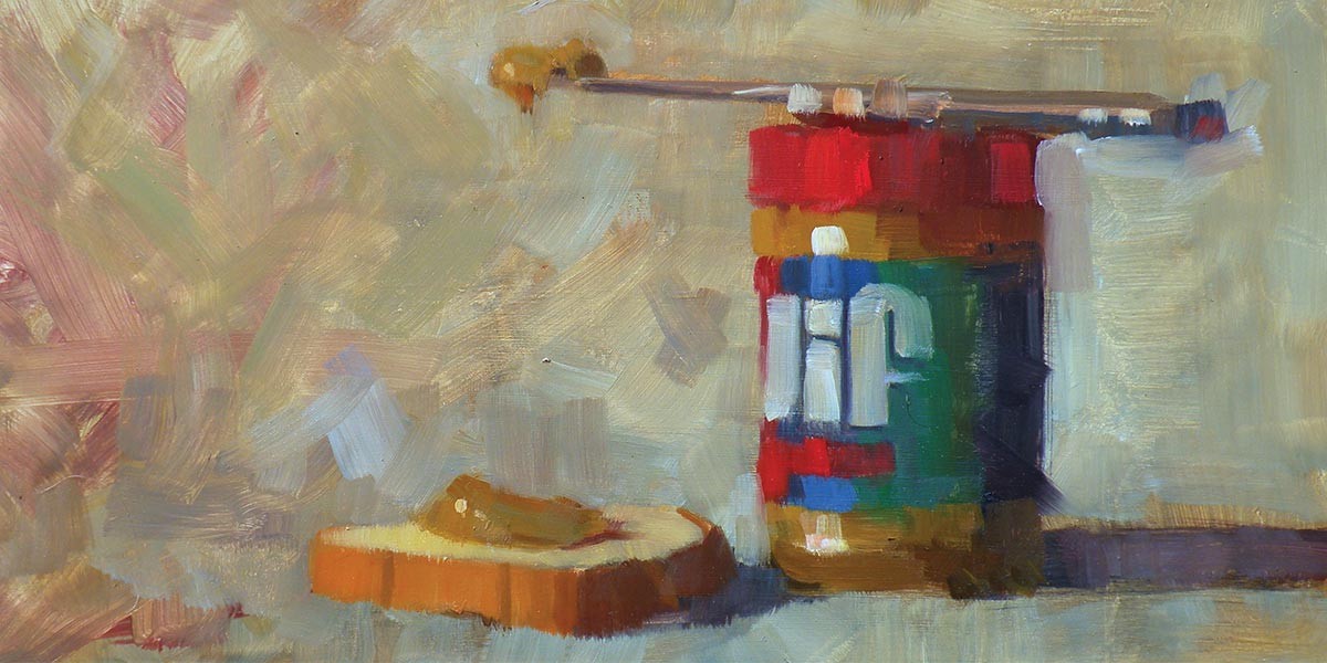 Painting of a peanut butter jar with a knife and some peanut butter on a slice of bread.