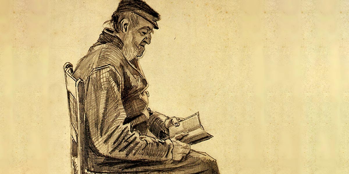Sepia-toned sketch of an elderly man sitting on a wooden chair reading a small book.