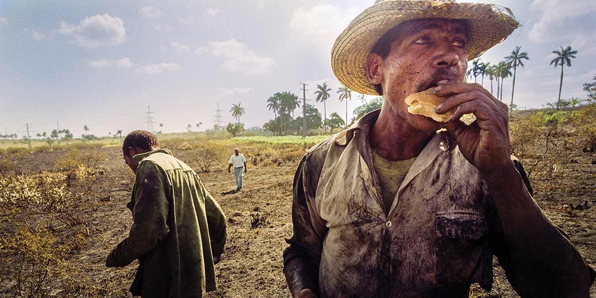 Man in a straw hat eating bread in a dry field while two others walk behind him among sparse vegetation.