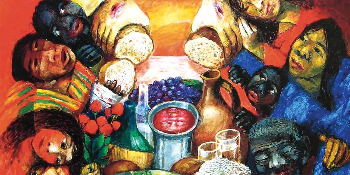 Colorful painting of diverse people gathered around a table with food and bread being shared.
