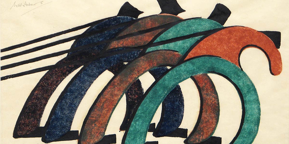 Abstract painting of five curved shapes in blue, red, and green with black accents on a beige background.