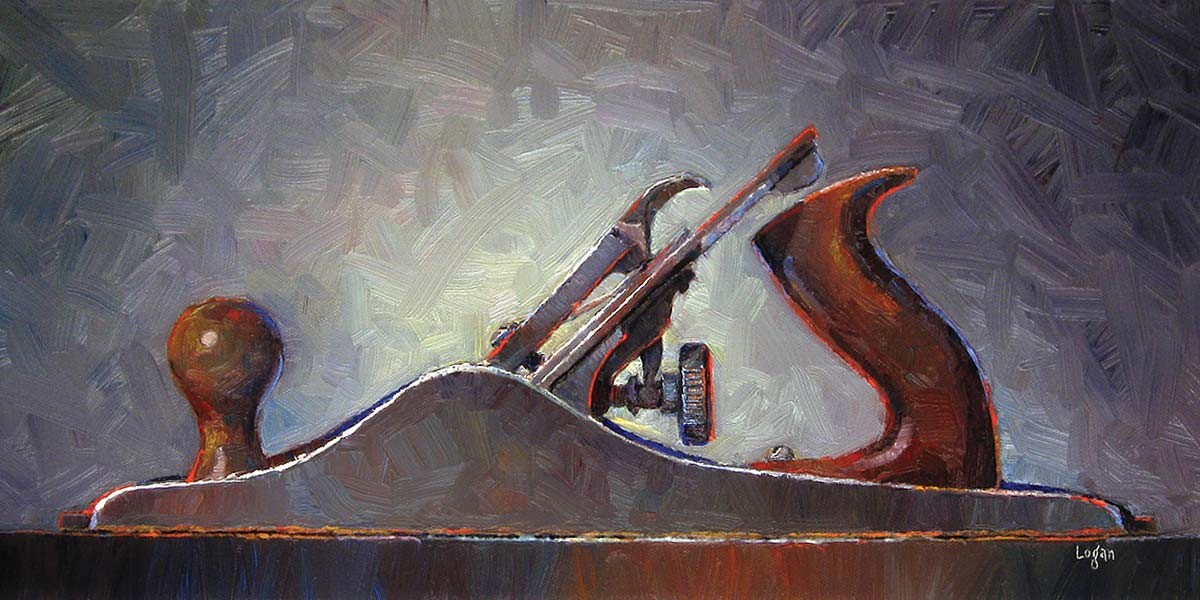 Side view painting of a vintage metal hand plane with wooden handles on a dark surface.