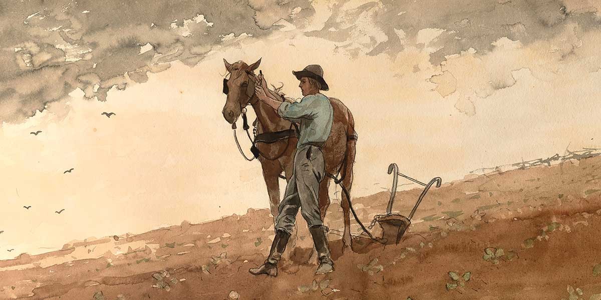 Watercolor of a farmer with a hat fitting a harness on a horse beside a plow in a field.