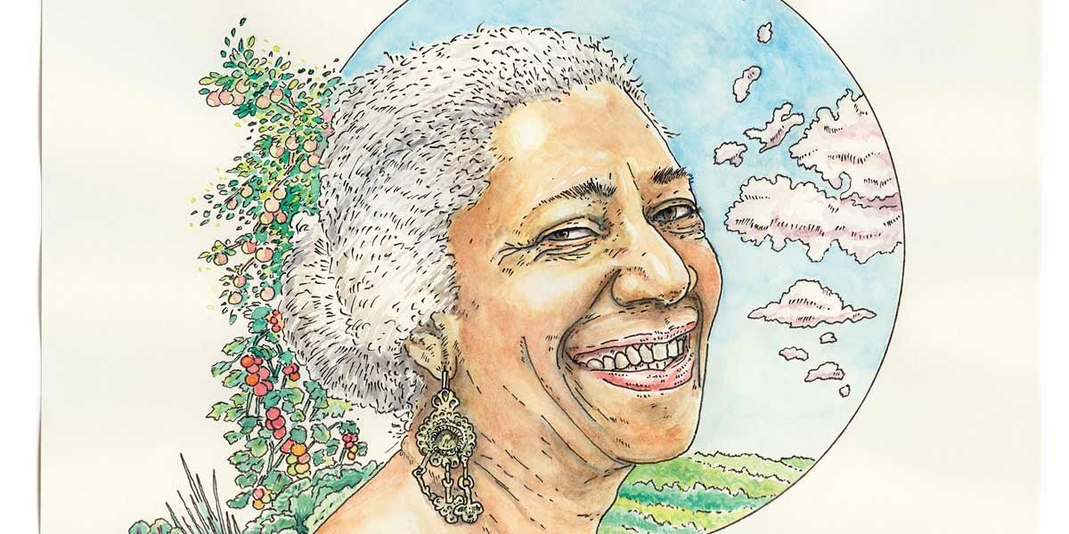 Watercolor portrait of smiling elderly woman with white hair and an ornate earring against a sky background.