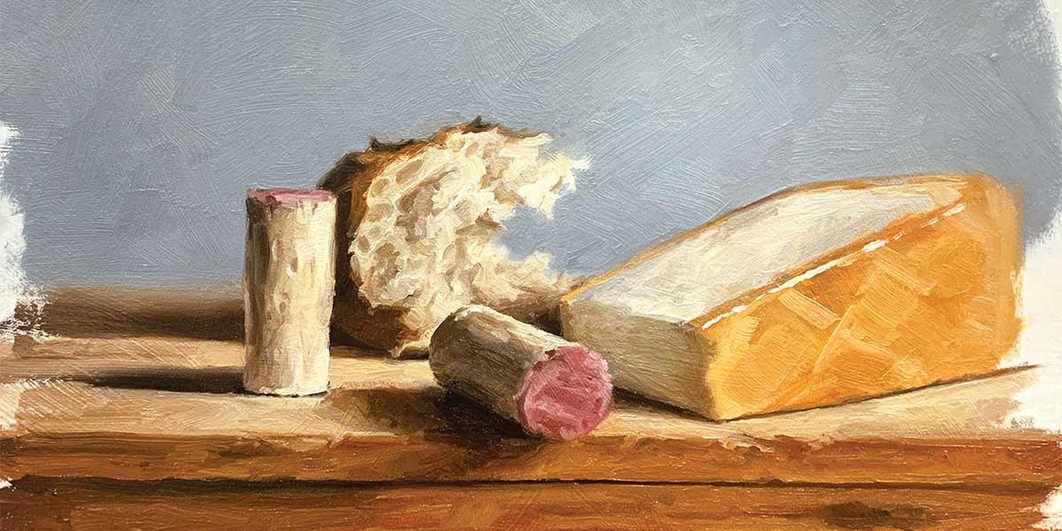 Painting of a loaf of bread, two small sausages, and a wedge of cheese on a wooden surface.