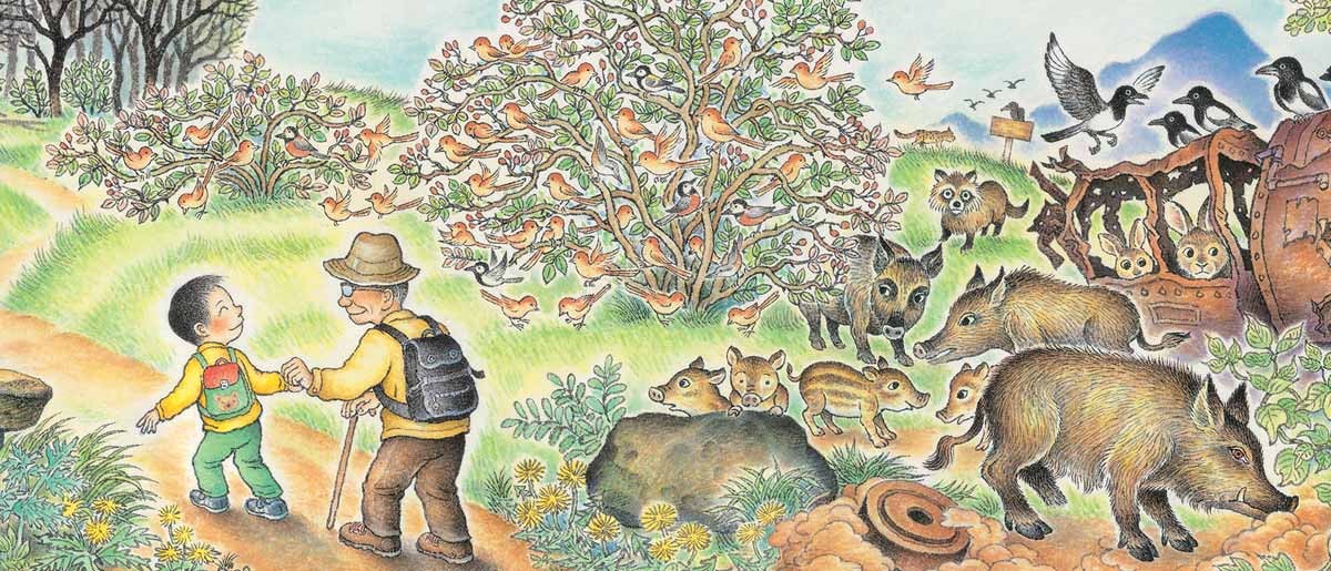 Boy and elderly man holding hands walking on a path surrounded by birds and wild boars in a forest.