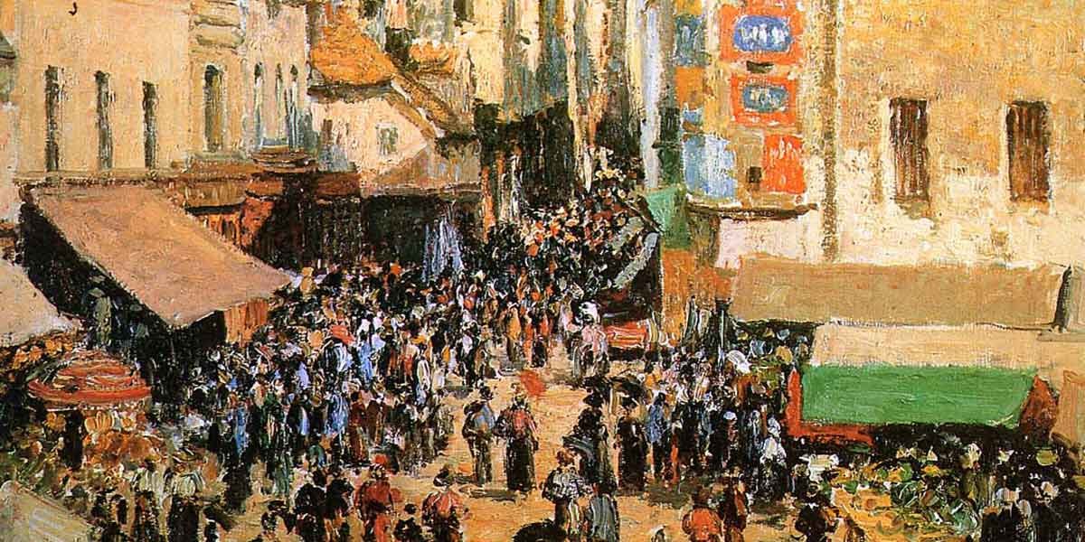 Impressionist painting of a crowded old market street with stalls and people in historic attire.