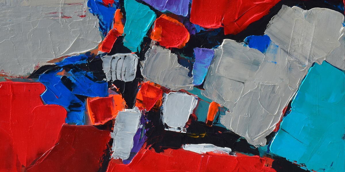 Abstract painting with bold patches of red, blue, turquoise, gray, orange, and purple colors.