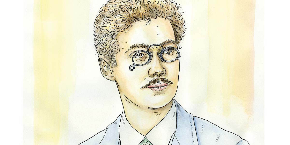 Watercolor portrait of a man with short curly hair, glasses, mustache, wearing a suit and tie.