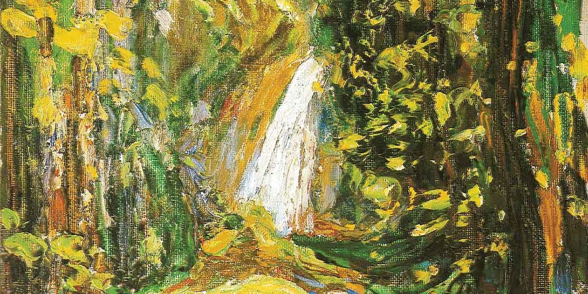 Impressionist painting of a forest path with tall trees and a figure in white in the center.