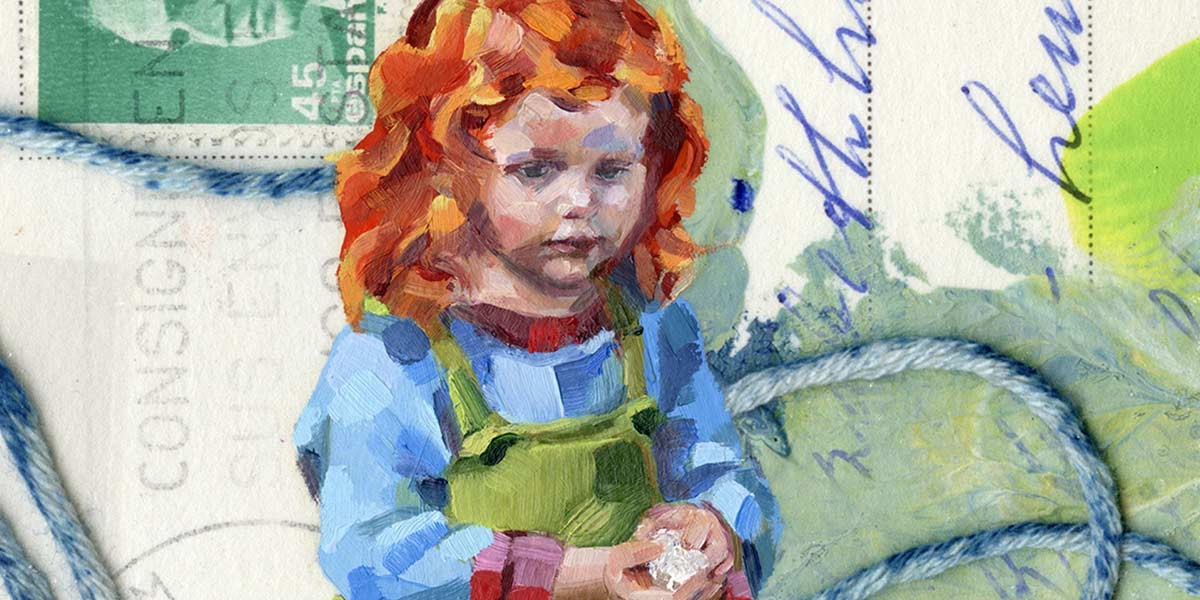 Painting of a red-haired child in blue and green holding a white object on a textured background with rope and text.