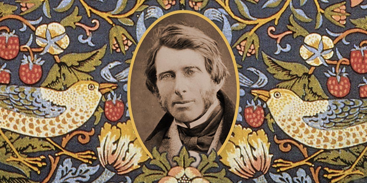Oval sepia portrait of a man with sideburns on a floral and bird patterned background.