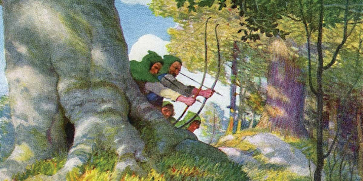 Four archers crouching behind a large tree trunk aiming bows in a sunlit forest.