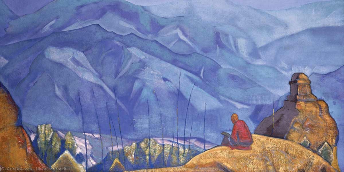 Painting of a person in red sitting on a hill overlooking blue mountains and a rock formation.