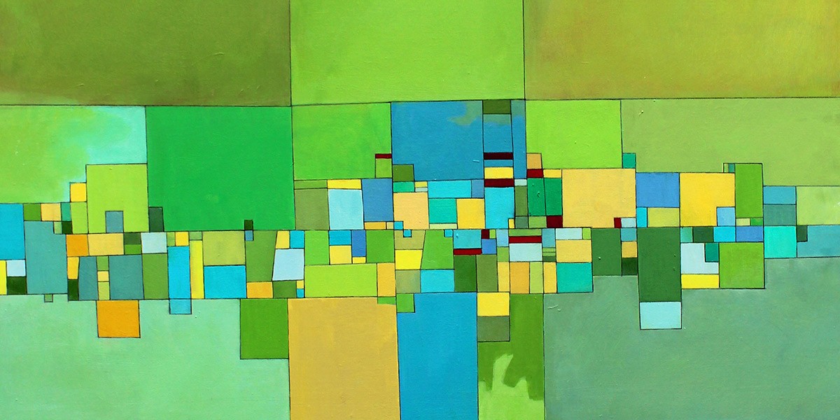 Abstract geometric painting with various sized green, blue, and yellow rectangles on a green background.