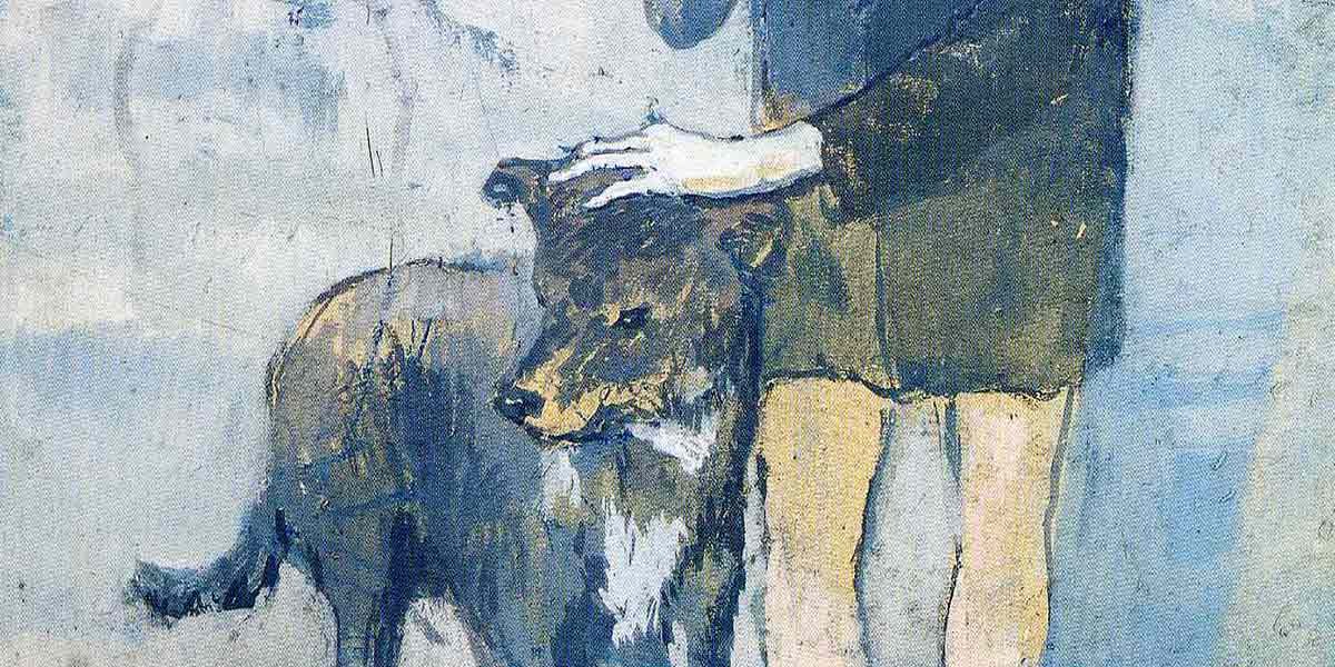 Painting of a person petting a standing dog with a blue and muted color palette.