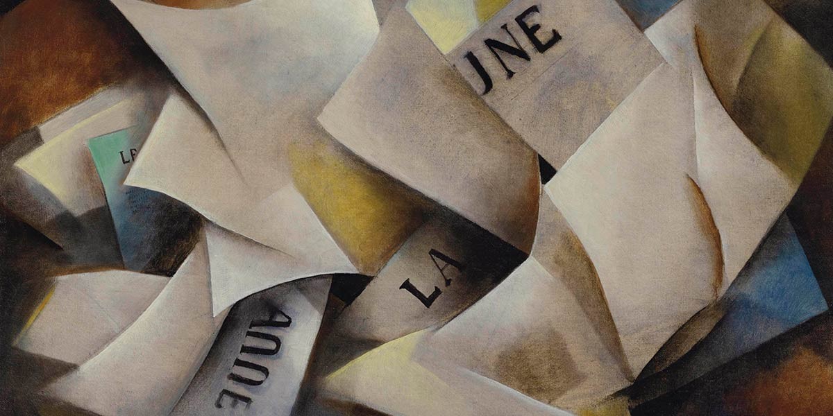 Abstract painting of overlapping, folded paper sheets with partial French text including 'LA' and 'JNE'.