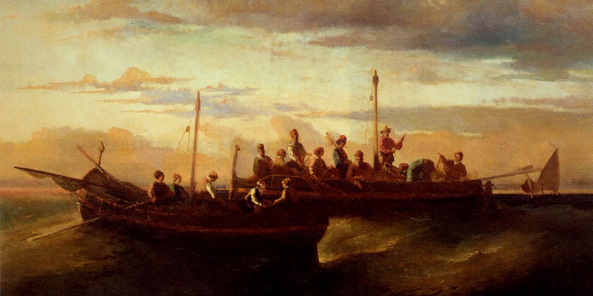 A group of people on wooden boats at dusk with a cloudy sky and calm sea.