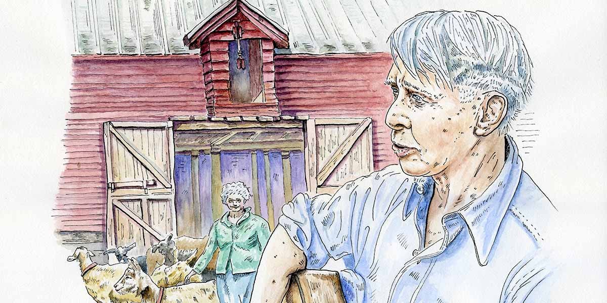 Watercolor illustration of an older man in front of a barn with a woman and goats in the background.