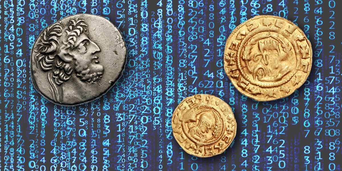 Two gold ancient coins and one silver coin over a dark background with glowing blue numbers.