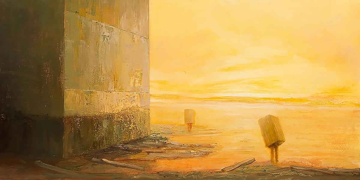 Surreal scene with two walking figures having box-shaped heads near a large wall under a yellow sky.