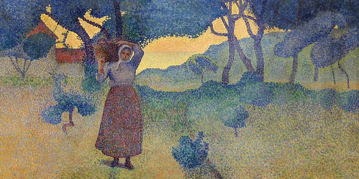 A pointillist painting of a woman carrying a basket on her head in a landscape with trees and bushes.