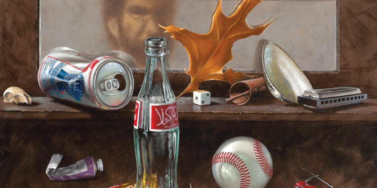 Still life of crumpled soda can, glass bottle, maple leaf, harmonica, die, baseball, and small skull on wooden shelf.