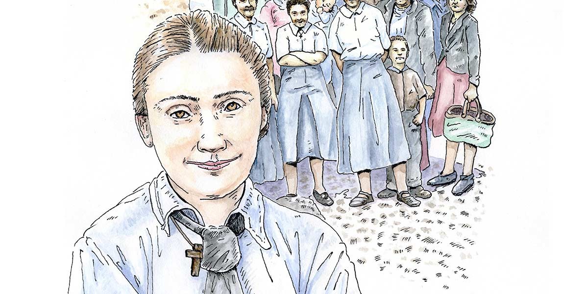 Drawing of a smiling young woman with a cross necklace in front of a group of people in skirts and pants.