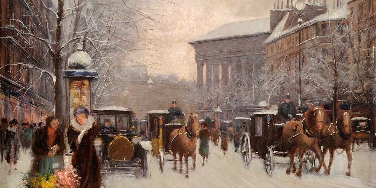 Winter city street with horse-drawn carriages and people walking near historic buildings and bare trees.
