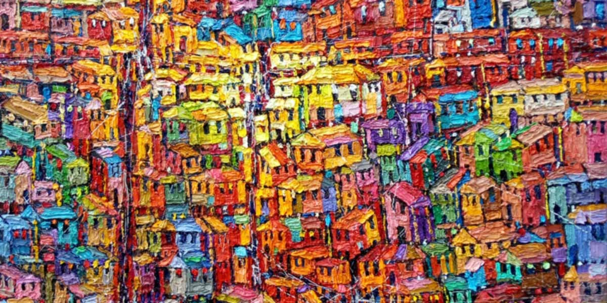 Colorful textured painting of densely packed houses in various bright hues.