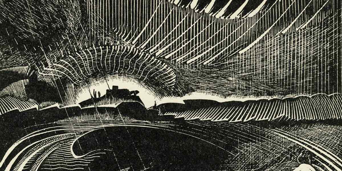 Black and white abstract landscape with sun or moon rising over curved hills and radiating lines.