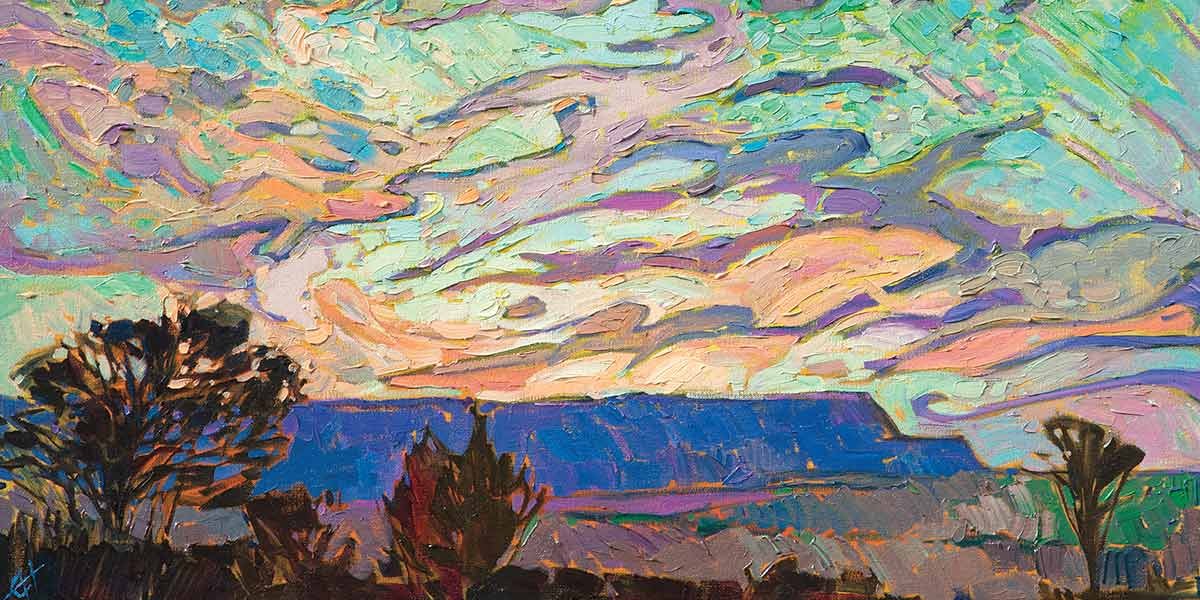 Colorful impressionist painting of a sunset sky above mesas with silhouetted trees in the foreground.